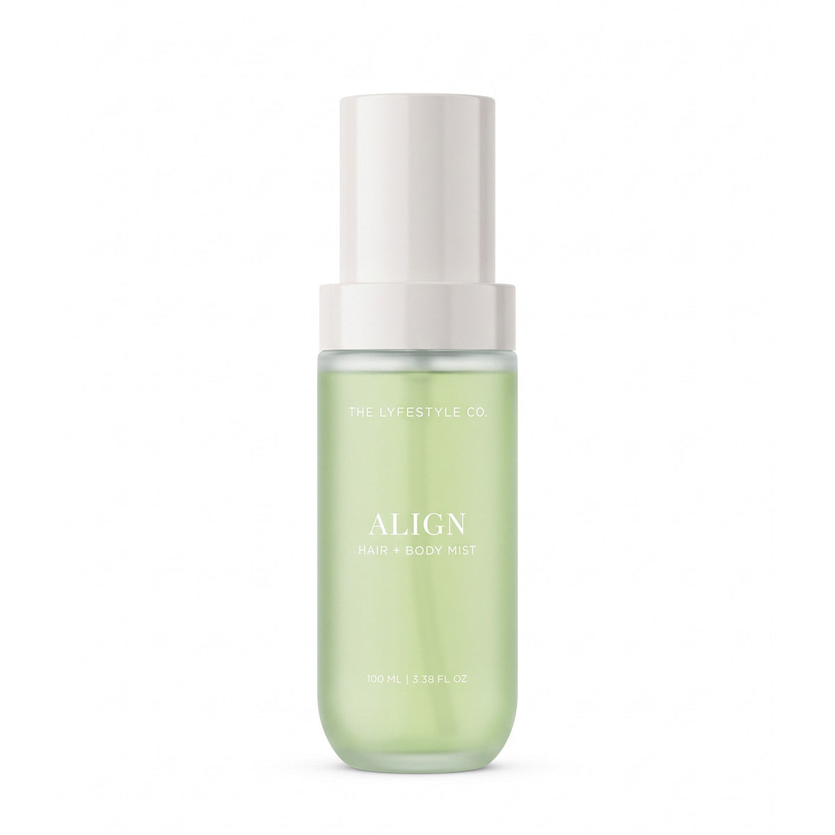 A bottle of The Lyfestyle Co. Align Hair & Body Mist, featuring a frosted plastic bottle filled with a light green liquid and a white spray dispenser, set against a plain white background.