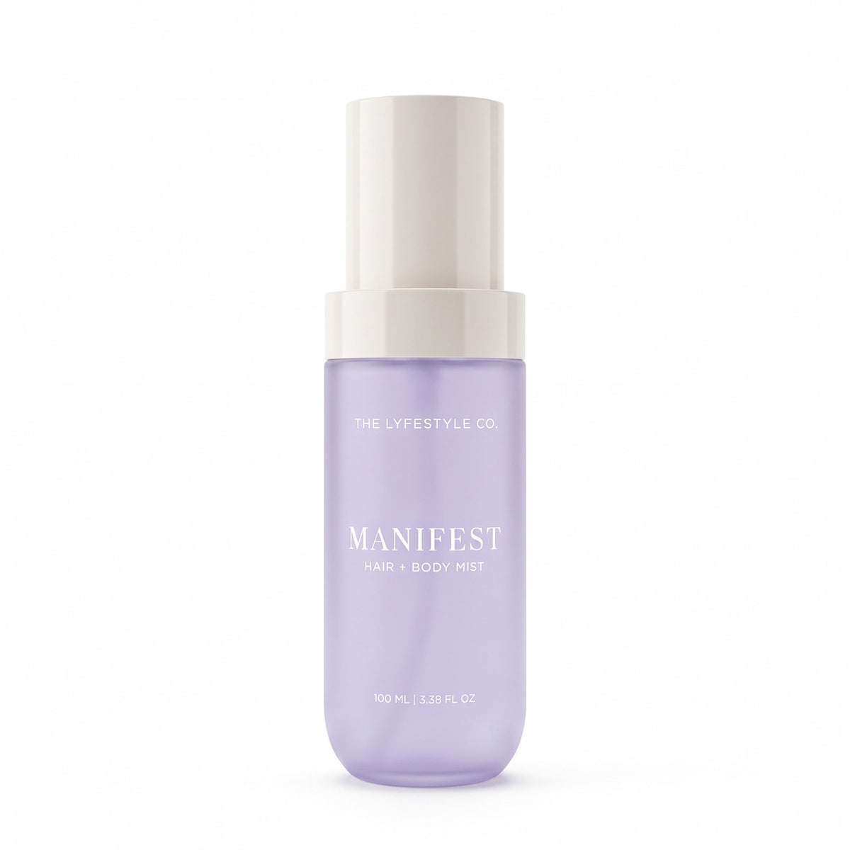 A bottle of The Lyfestyle Co. Manifest Hair & Body Mist, featuring a frosted plastic bottle filled with a lavender liquid and a white spray dispenser, set against a plain white background.