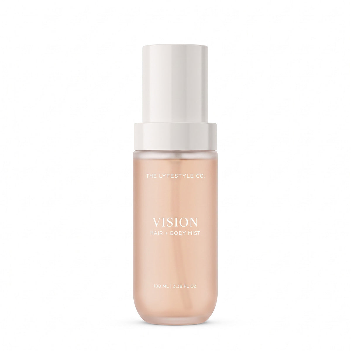 A bottle of The Lyfestyle Co. Vision Hair & Body Mist, featuring a frosted plastic bottle filled with a light pink liquid and a white spray dispenser, set against a plain white background.